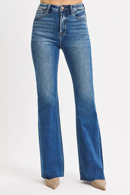 Front view Seraphina dark wash high rise flare jeans, casual chic style.