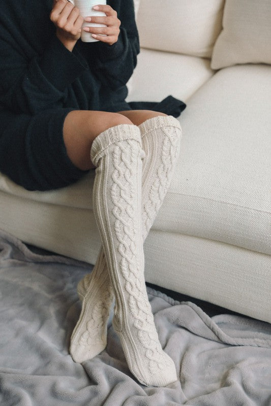 Carlah Knee High Cable Knit Socks - Cozy, Stretch Fabric, Burgundy, Black, Gray, Ivory