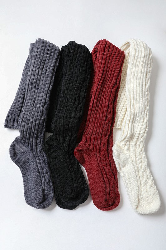 Carlah Knee High Cable Knit Socks - Cozy, Stretch Fabric, Burgundy, Black, Gray, Ivory