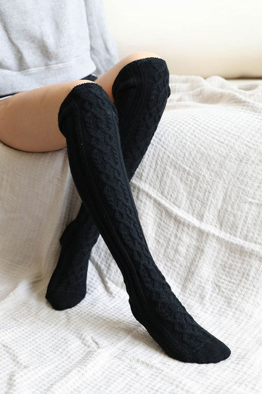 Carlah Knee High Cable Knit Socks - Cozy, Stretch Fabric, Burgundy, Black, Gray, Ivory
