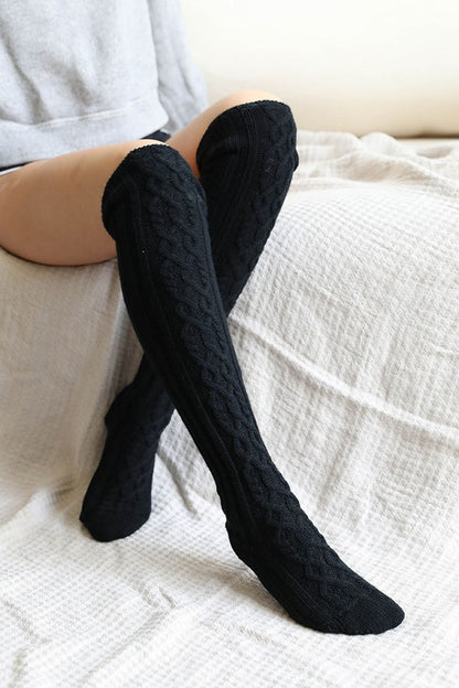 Carlah Knee High Cable Knit Socks - Cozy, Stretch Fabric, Burgundy, Black, Gray, Ivory