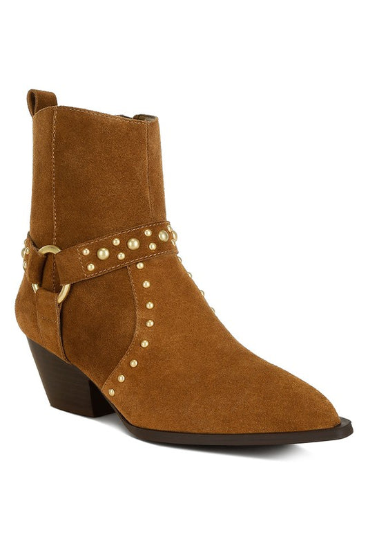 Rodeo Studded Suede Ankle Boots Taupe with gold stud embellishments front angle