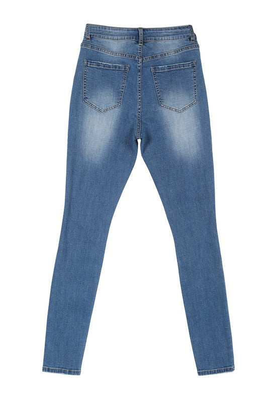 Dark wash distressed skinny jeans with high waist, zip fly, 5-pocket design, and stretch for comfort.