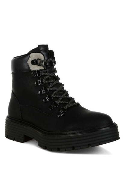 Front angle of Black Boskoff Lace-Up Chunky Ankle Boots with lace-up style and anti-skid lug sole.