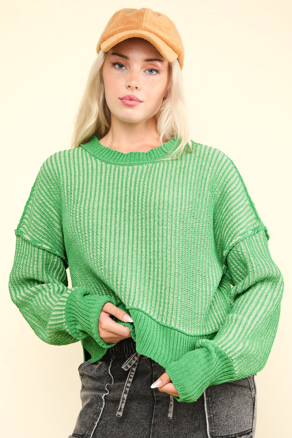 Reyna Exposed Seam Cropped Striped Slit Sweater