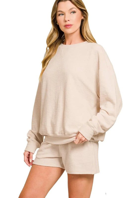Pippa Slub Long Sleeve Top and Shorts Set in sand beige front view casual lounge outfit.