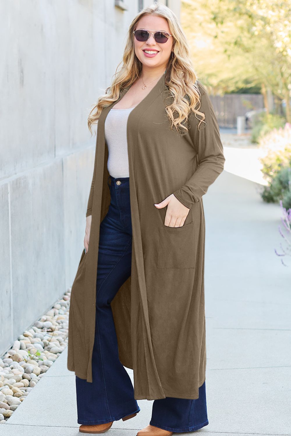 Chestnut open-front long-sleeve cover-up with a flowy design and pockets, perfect for layering on breezy days.