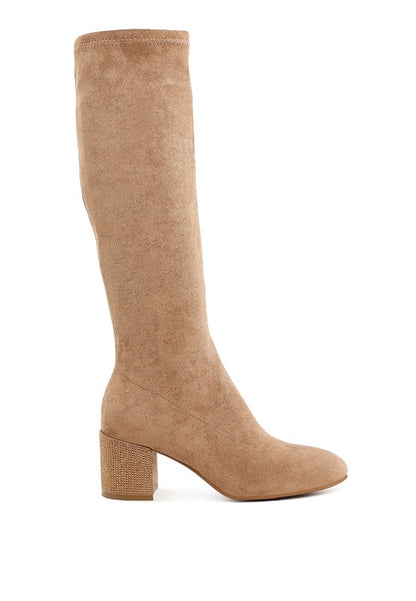 Sinaloa Microfiber Knee High Boots Camel side profile highlighting block heel