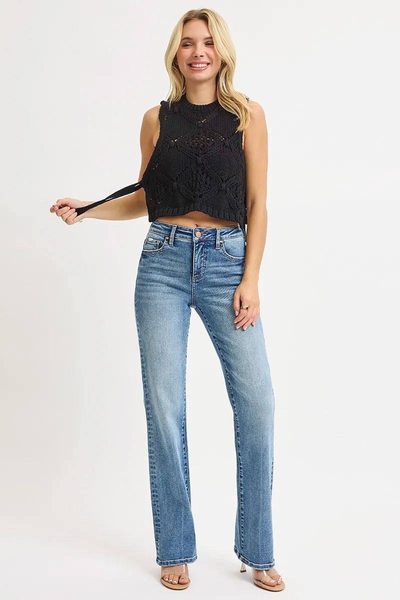 Full body styled look featuring Reese RISEN tummy control high-rise straight jeans in medium wash denim.