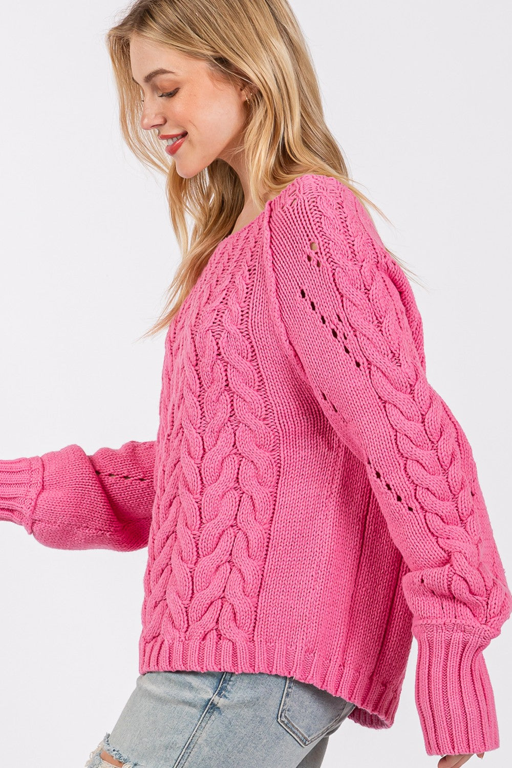 Amelia Cable-Knit Long Sleeve Sweater In Deep Pink