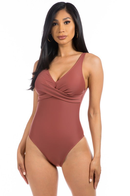 Lucky Pleated Cross Gathering Neckline One Piece Swimsuit