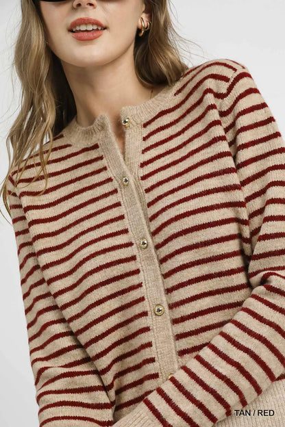 Tan red striped cardigan, ribbed collar detail close-up knit texture.