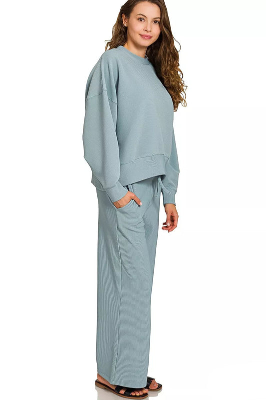 Side view Jenny Ribbed Round Neck Pullover & Drawstring Pants Set Blue-Gray.
