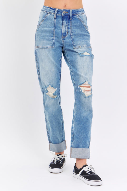 Billie Distressed Straight Jeans with Patch Pockets by Judy Blue