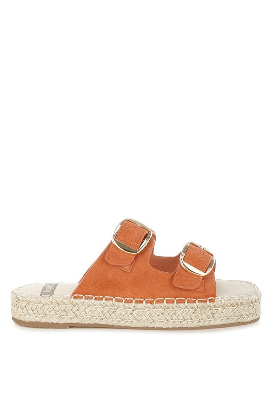 Tan genuine leather espadrille flatform sandal side view with open square toe, buckle strap, and espadrille-wrapped heel.