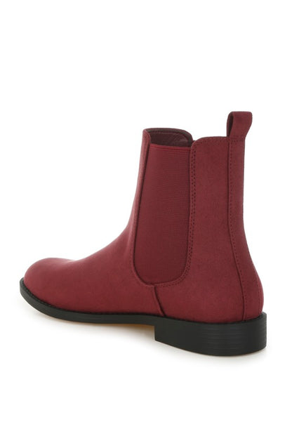 Back angle of Ayasa Low Block Heel Chelsea Boots in Burgundy faux suede with low stacked heel