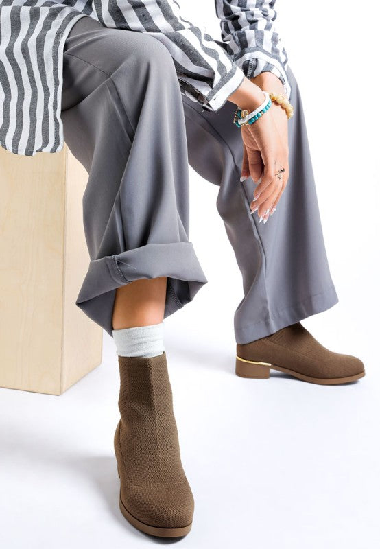 View of taupe Rosamund Sock Boots with low stacked heel and pull-on fit.