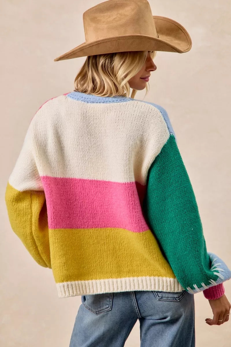 Back view of plus size Rana Color Block Open Front Sweater Cardigan with color block panels.