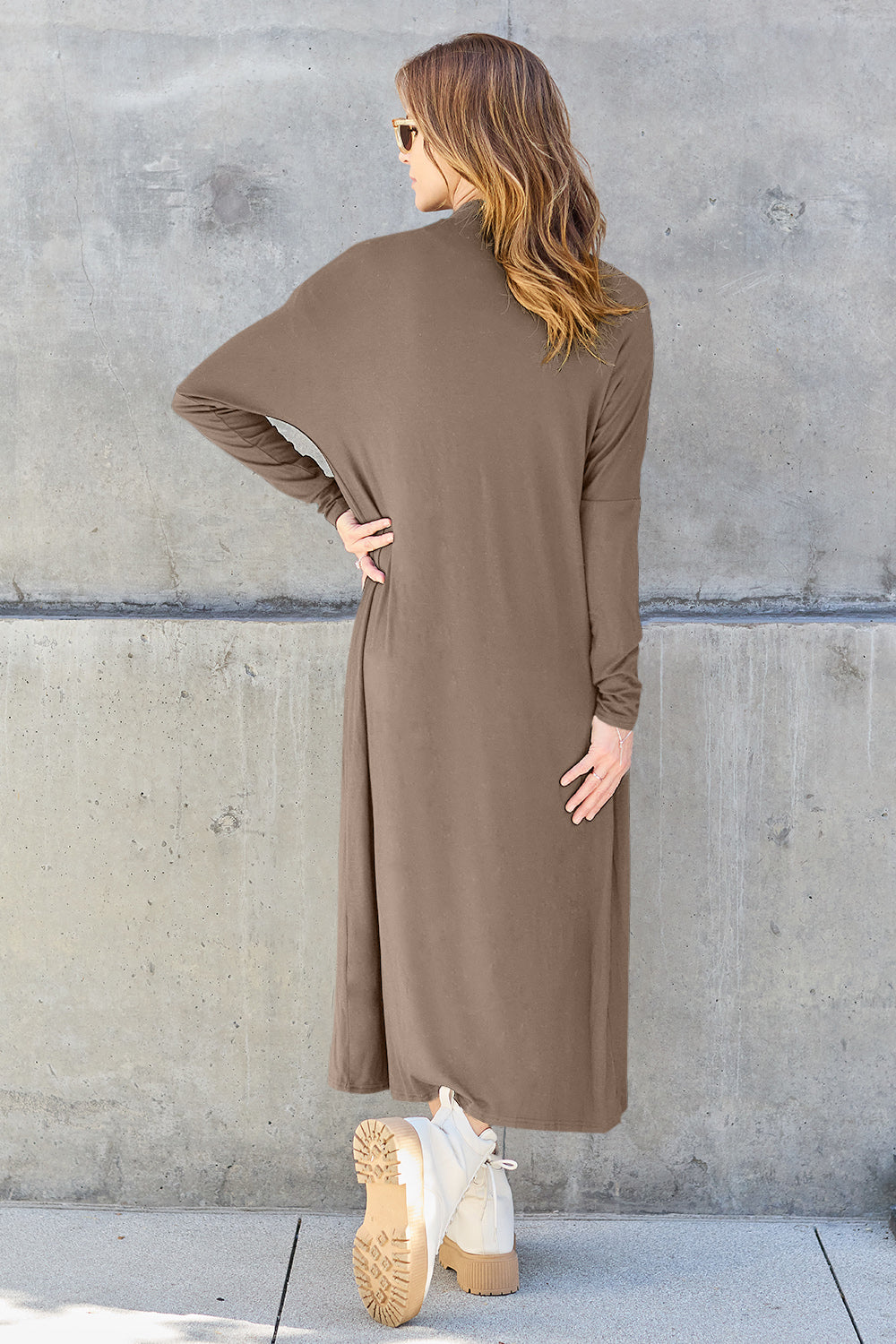 Mocha open-front long-sleeve cover-up with a flowy design and pockets, perfect for layering on breezy days.