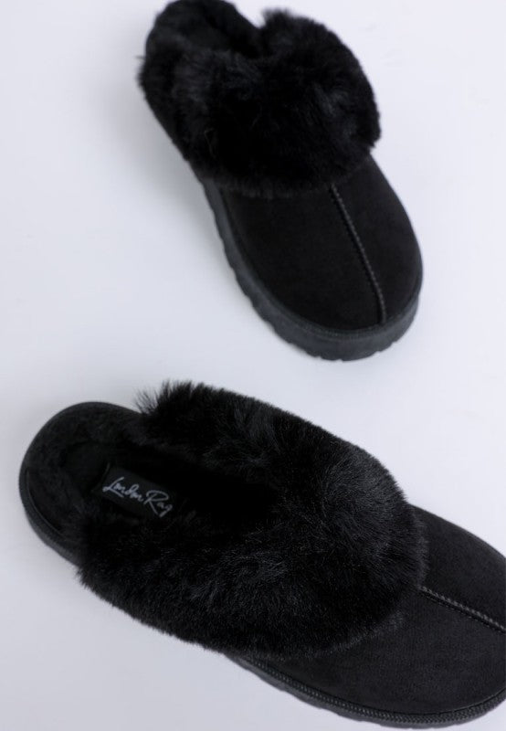 Black Portho Faux Fur Slip Ons showing microfiber upper and cushioned insole.