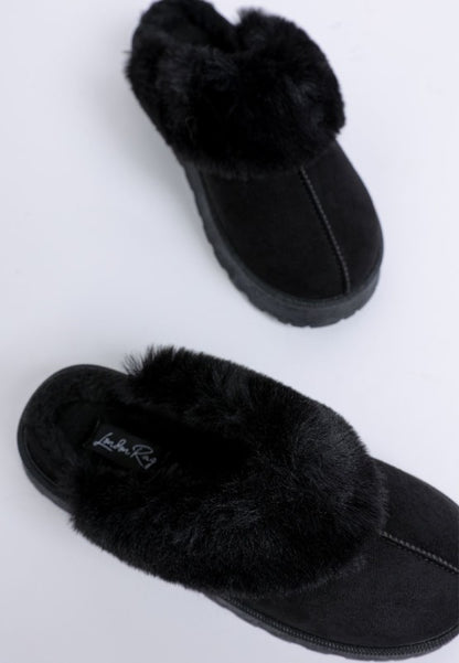 Black Portho Faux Fur Slip Ons showing microfiber upper and cushioned insole.