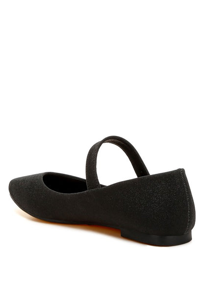Inside angle of black glitter ballerinas showing strap and soft lining.