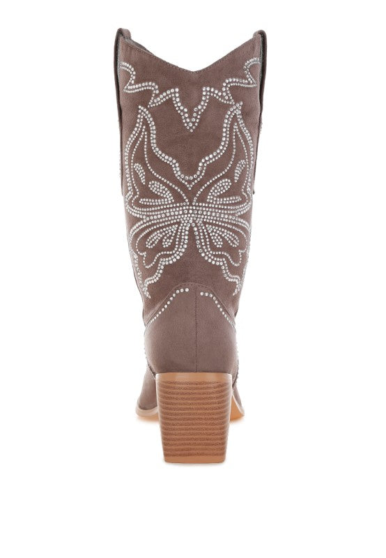Back view showing butterfly rhinestone pattern on taupe cowboy boots