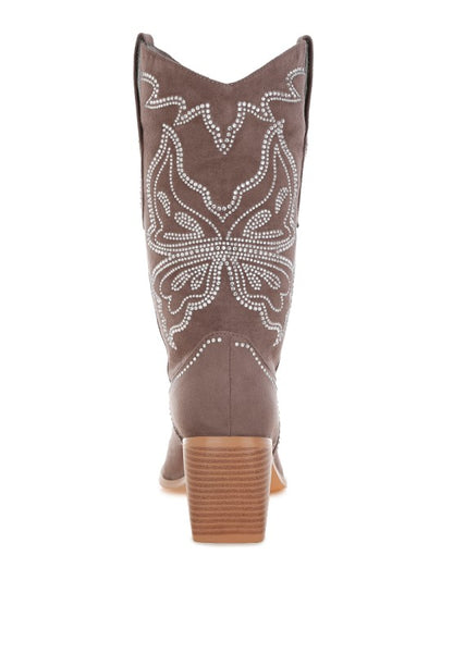Back view showing butterfly rhinestone pattern on taupe cowboy boots