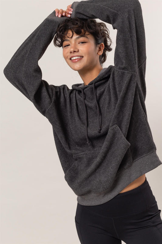 Geri Brushed Long Sleeve Hoodie with Kangaroo Pocket in Charcoal