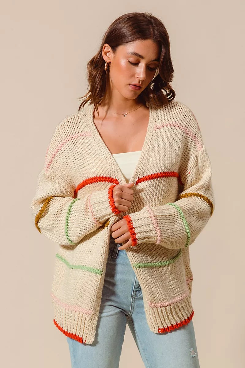 Close front view of Angelina Cardigan with multi color stripes and relaxed fit.