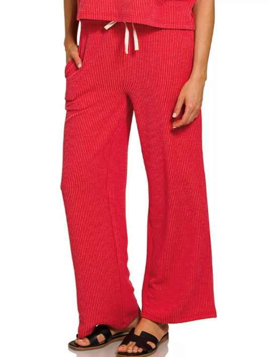 Meg Raised Rib Ruby Lounge Set – short sleeve ribbed tee and drawstring pants with pockets, close up view of pants.