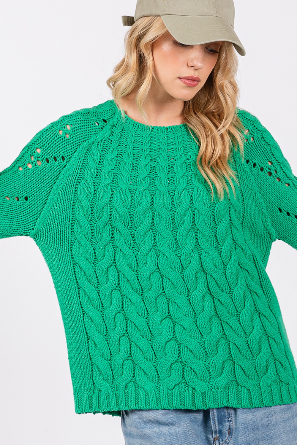 Amelia Cable-Knit Long Sleeve Sweater In Emerald