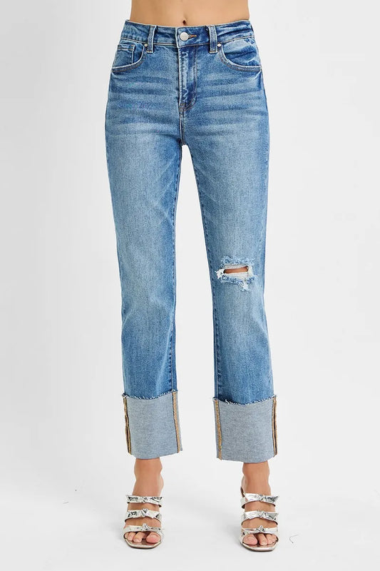 Front view of Thea RISEN medium wash jeans with high-rise waist and wide cuffed ankle-length design.