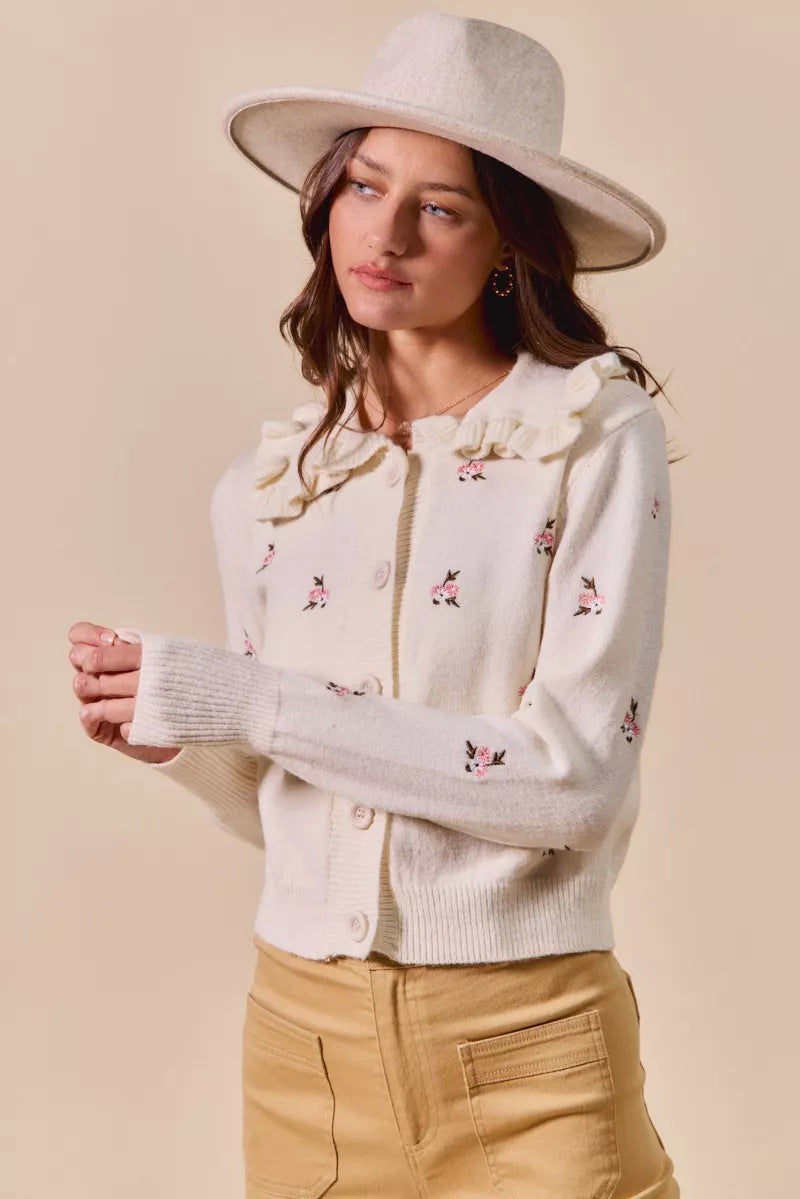 Billie Floral Sweater Cardigan cream front view styled with yellow pants and floral embroidered design
