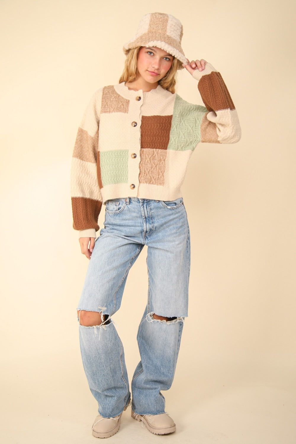 Donna Color Block Button Down Textured Sweater Cardigan