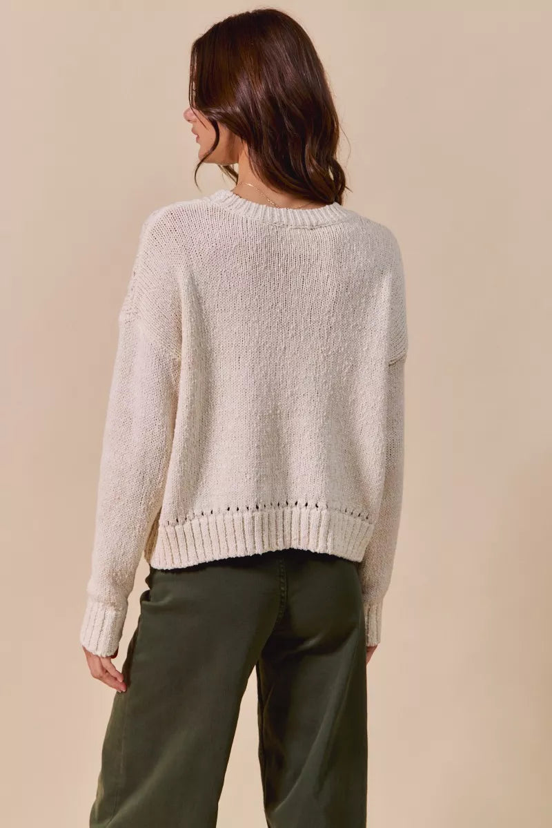 Back of Tara Tomato Sweater, cream knit with round neckline and ribbed cuffs