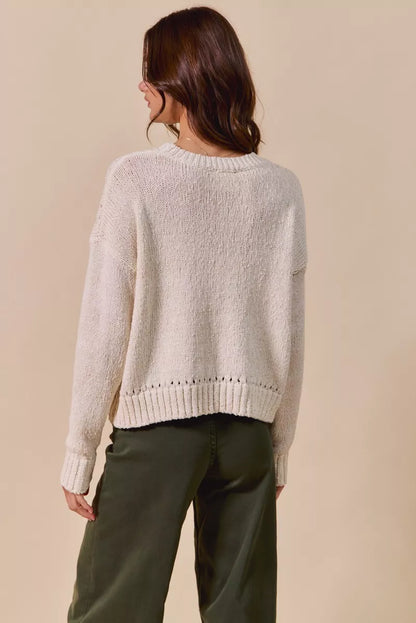Back of Tara Tomato Sweater, cream knit with round neckline and ribbed cuffs