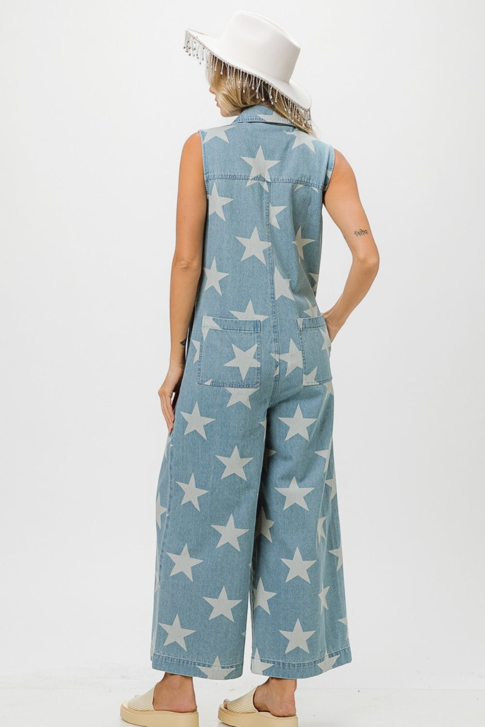 A New Hope Star Print Half Zip Sleeveless Denim Jumpsuit