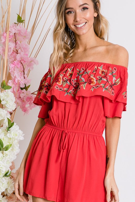 Kenzy Floral Embroidered Off Shoulder Romper