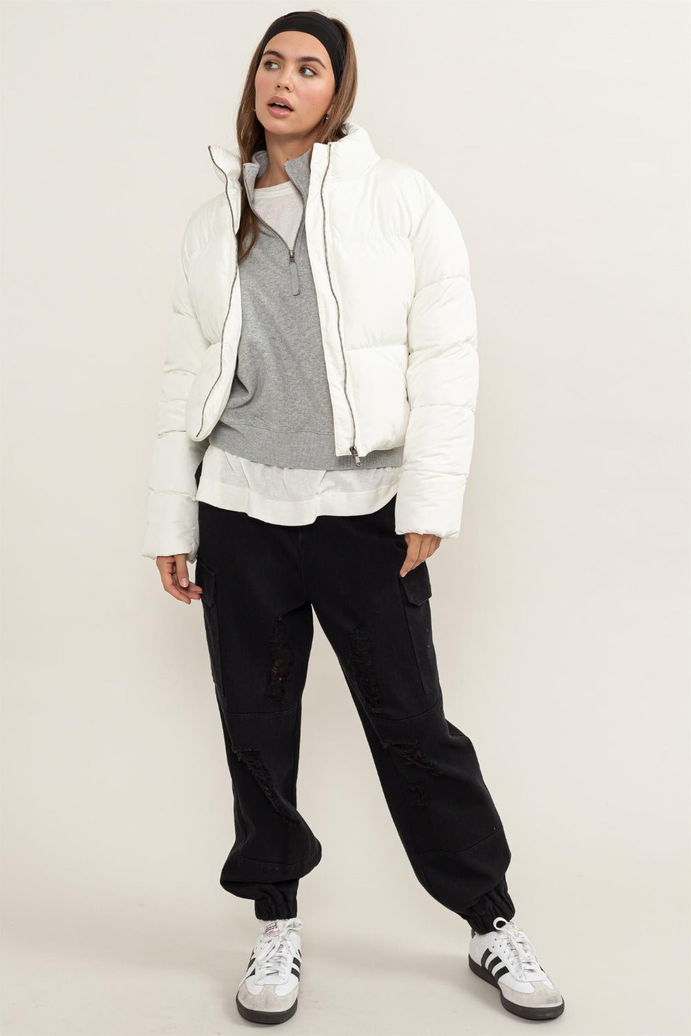 Mesa Quilted Back Drawstring Puffer Jacket in Cream