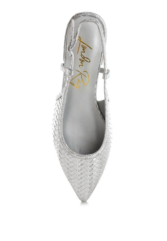 Top view of silver Kurina Metallic Woven Slingback Sandals with woven faux leather design.