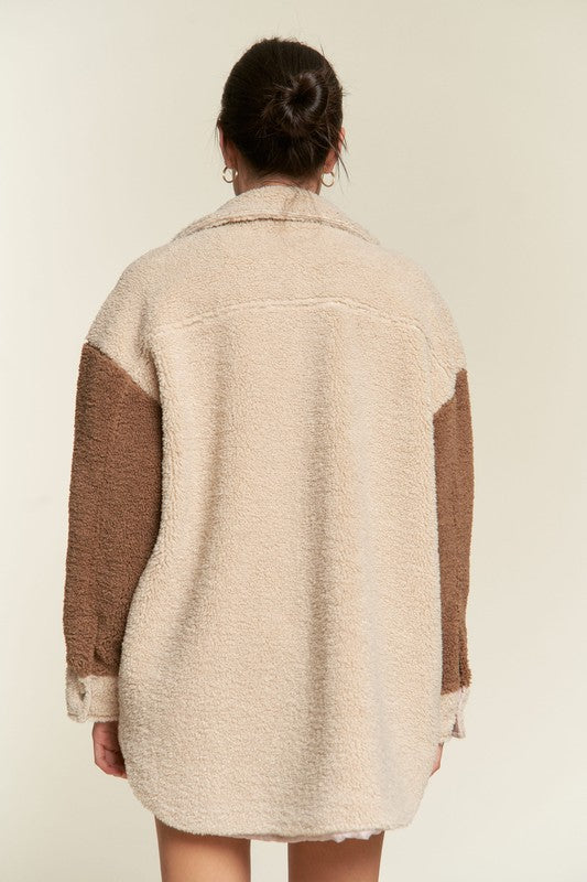 Deedre Sherpa Jacket in taupe, back view highlighting colorblock sleeves and relaxed hem.