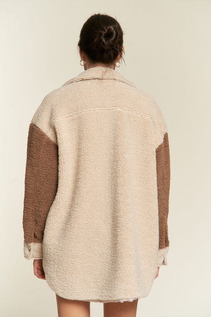 Deedre Sherpa Jacket in taupe, back view highlighting colorblock sleeves and relaxed hem.
