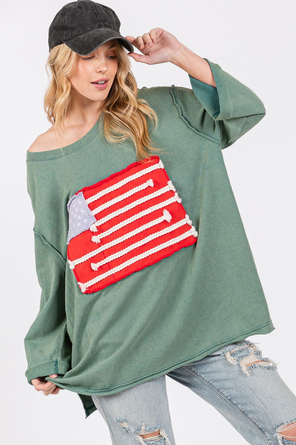 American Flag Patch Drop Shoulder T-Shirt