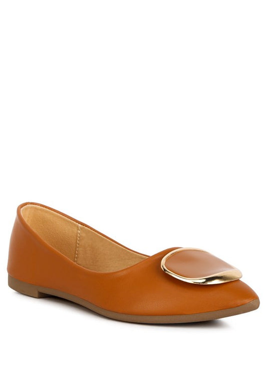 Front angle view of tan Karder Ballet Flats with brooch detail