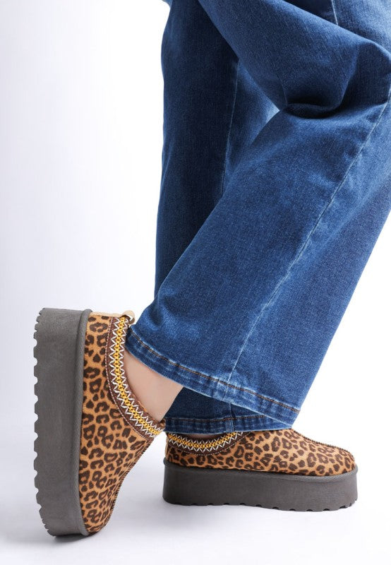 Ottawa Leopard Platform Slip-Ons side view highlighting leopard print and 2-inch heel.