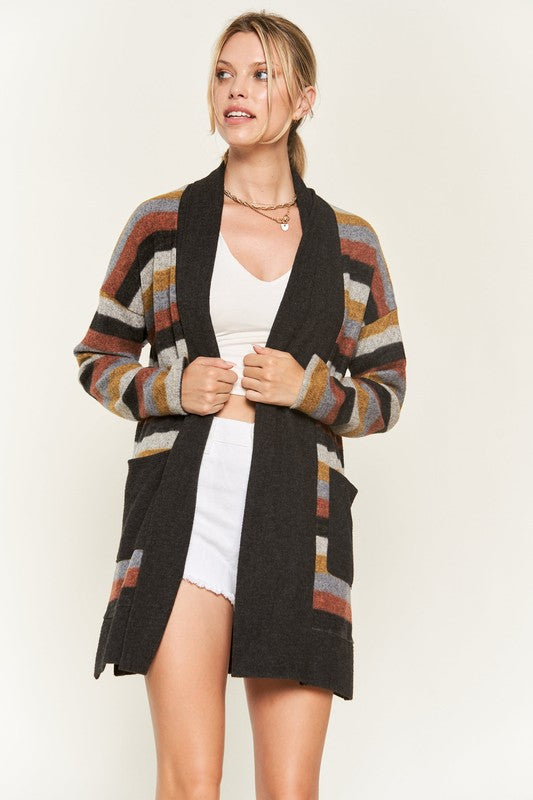 Vinni Multi Color Stripe Cardigan front view with black trim and knee-length open design