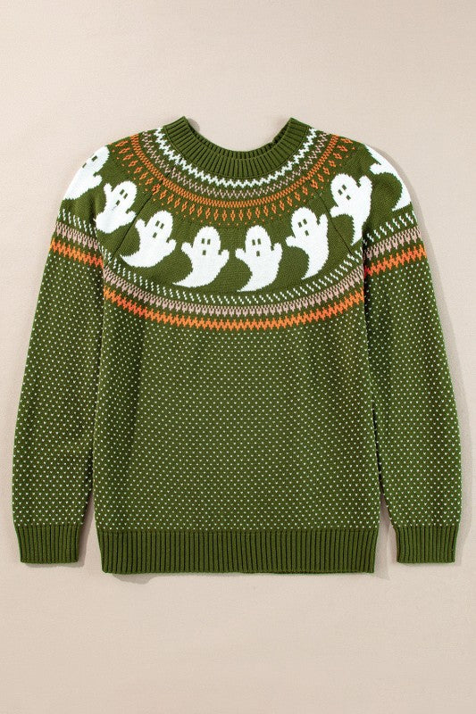 Flat lay front of Kaylee Ghost Sweater with ghost design.
