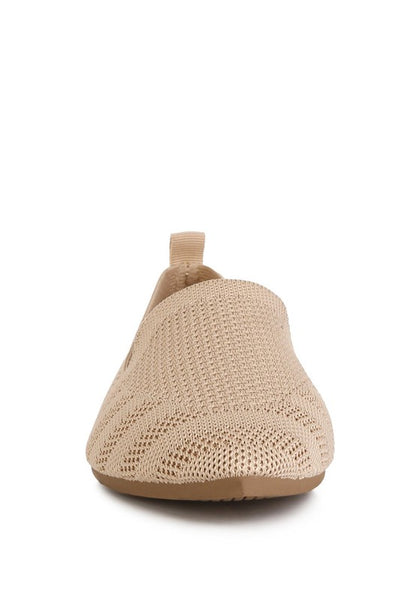 Akili Knit Textile Solid Flats in beige, classic front view with almond toe