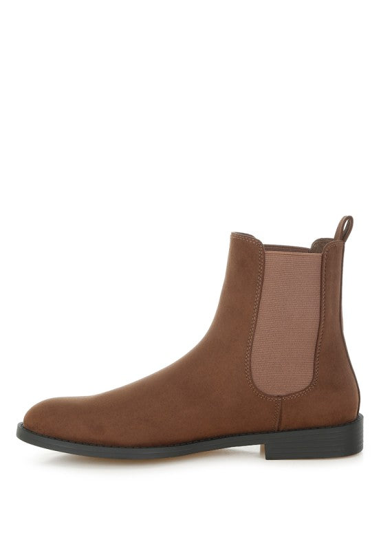Side view showing gusset and low heel on Ayasa Low Block Heel Chelsea Boots in Brown